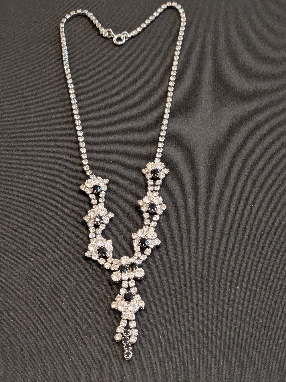 Silver-Tone Floral Crystal Necklace with Black Accents 9.5"